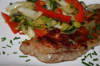 Schweinesteak mit Fenchel,Paprika,Lauchgemüse